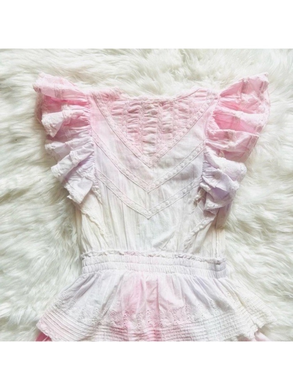 New! LoveShackFancy Gwen Tie Dye Lace Ruffle Cotton Mini Dress in Pink White - Picture 11 of 13